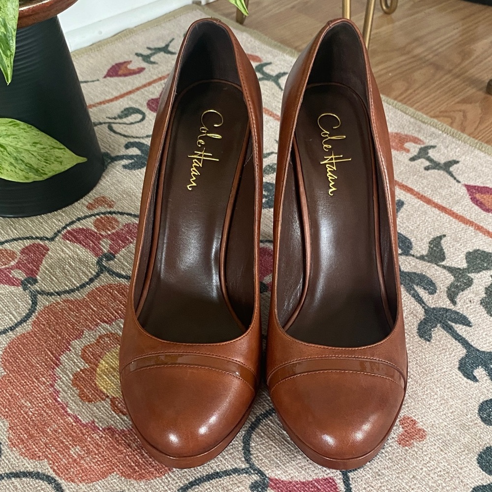 Cole Haan Women's Cognac Brown Leather Round-Toe Heels - Picture 3 of 12